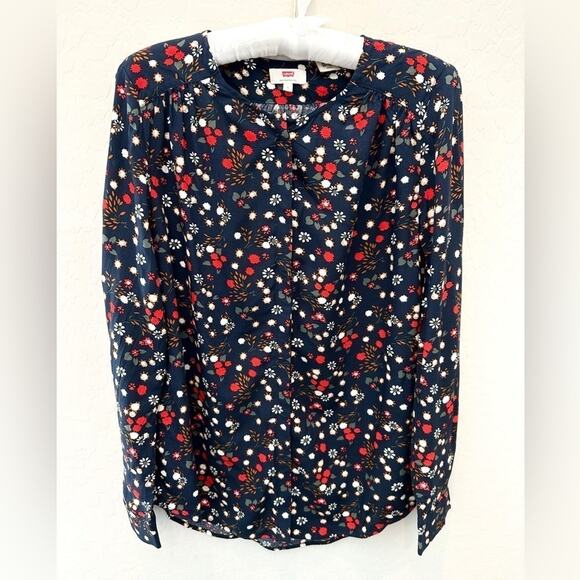 LEVI’S | Navy Floral Blouse Whimsical Print Long Sleeve Button Top | Size Small - Picture 1 of 7